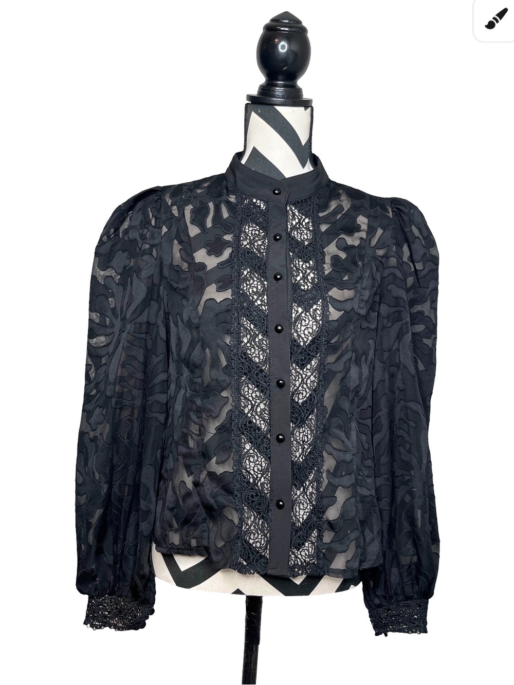 Victorian Whimsigoth Witchy Sheer Lace Mock Neck Puff Sleeve Blouse Sz L